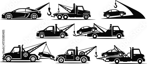 Tow truck vector set, car towing service illustration, roadside assistance vehicles, emergency breakdown recovery, transport silhouette, automotive hauling design