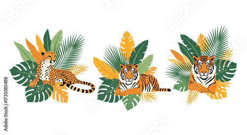 Three majestic big cats relaxing among lush tropical jungle leaves.