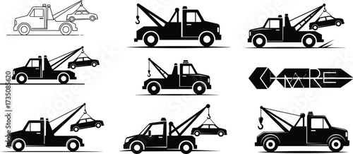 Tow truck vector illustration, car towing service silhouettes, roadside assistance vehicles, breakdown recovery transport, emergency rescue equipment, automotive hauling design