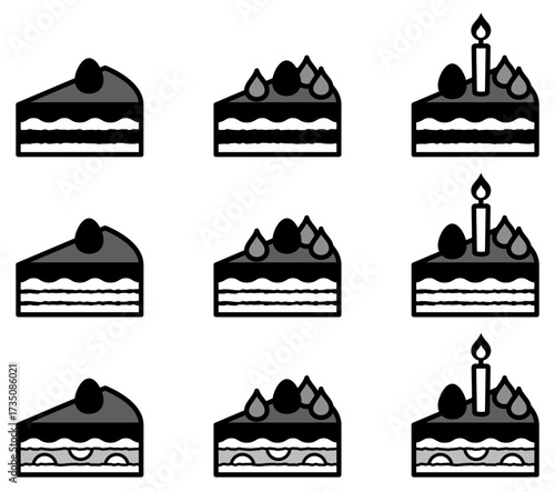 様々な形の美味しそうなケーキアイコンのベクターイラストセット