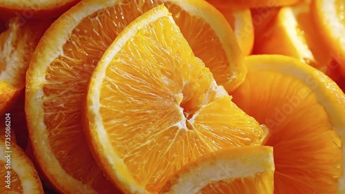 An extreme close-up macro shot captures the vibrant texture and detail of freshly cut orange slices. The camera glides over the juicy pulp, highlighting the bright, glistening segments and natural pat