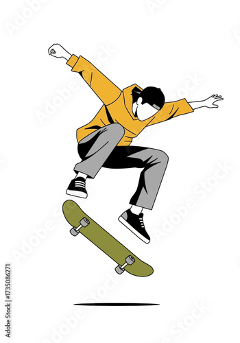 Dynamic Flat Vector Illustration of Skateboarder Jumping