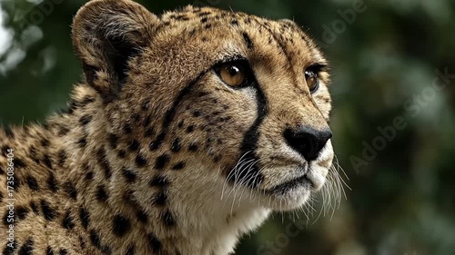 An extreme close-up portrait of a majestic cheetah with beautiful spotted fur. The big cat looks intently off-camera, its focus sharp against a soft, blurred green background. This footage is perfect 