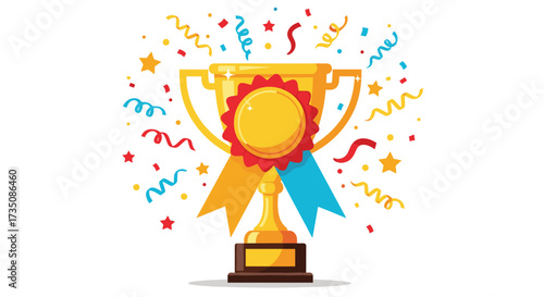 Celebrating achievement with a golden trophy surrounded by confetti and streamers.