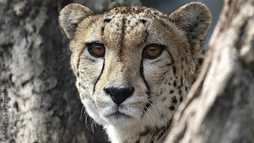 An intense and beautiful close-up portrait of a majestic cheetah. The wild cat's focused amber eyes stare directly at the camera as it peeks from behind a tree. This detailed shot captures the intrica