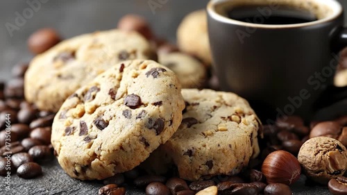 An inviting close-up composition of freshly baked chocolate chip cookies and a steaming mug of dark coffee. Roasted coffee beans and whole hazelnuts are artfully scattered on a dark, textured surface,