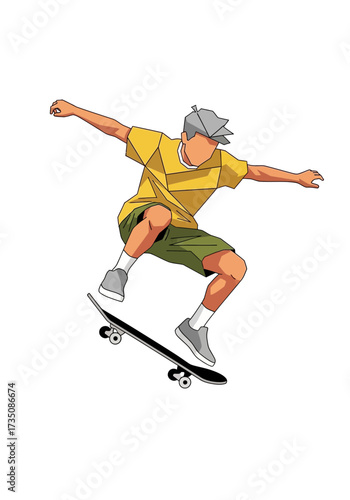 Geometric Flat Vector Skateboarder Jumping Action Illustration