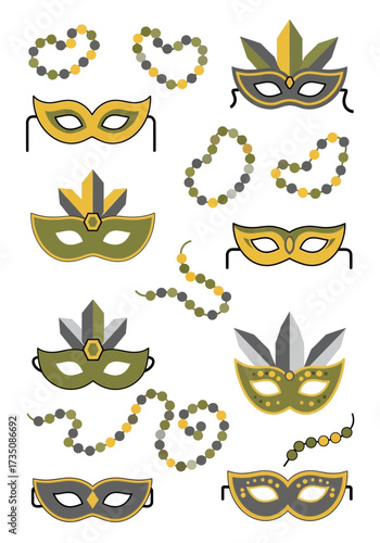 Festive Flat Mardi Gras Masks and Beads Illustration