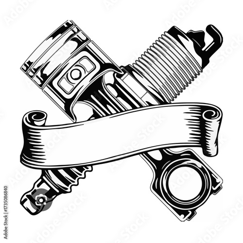 Automotive Mechanic Emblem Crossed Piston, Spark Plug, and Banner for Custom Logos