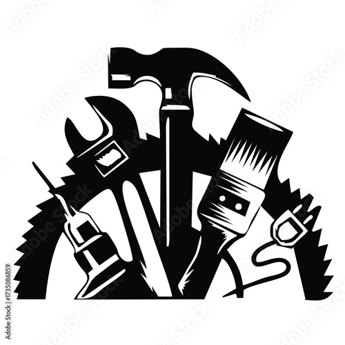 A black silhouette illustration of various construction and repair tools, including a hammer, wrench, and drill, symbolizing skilled trades and DIY projects