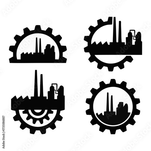 Industrial Gear Silhouettes A Set of Four Factory and Manufacturing Icons