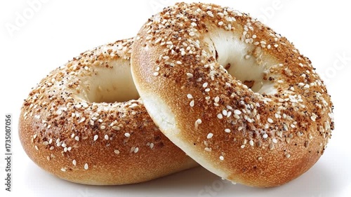 Two freshly baked everything bagels, generously coated with a savory mix of sesame and poppy seeds, are showcased against a clean white background. This detailed close-up shot captures the delicious t