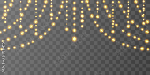 Light bulbs curtain, star festoon header. Fairy garland hanging strings. Ramadan Kareem lantern, chirstmas sky vector bg. Christmas decoration png, holiday lamp ball, gold glitter festive warm pattern