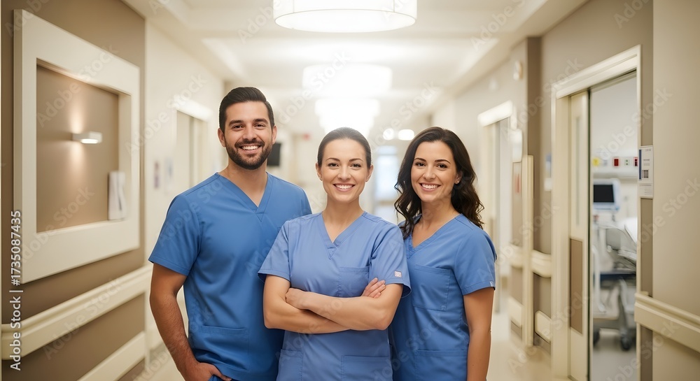 Obraz premium Dedicated medical team smiling confidently in modern hospital hallway, ready to provide compassionate healthcare in a clean, comforting environment