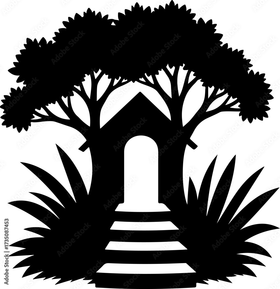 Fototapeta premium house with tree silhouette, house, home, building, illustration, icon, vector, architecture, roof, design, tree, symbol, construction, window, door, estate, church, art, drawing, silhouette, cartoon, 