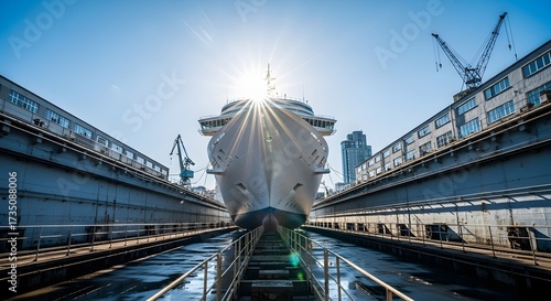 Cruise ship sparkles in dry dock under sunny skies, ready for adventure and travel, evoking wonder and excitement for maritime exploration