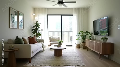 Modern Living Room Interior with Balcony and City View, Featuring Contemporary Furniture and Lush Green Plants in a Bright Apartment Setting