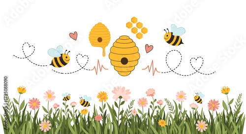 A charming collection of cute bees and beehives fluttering above a field of wildflowers.