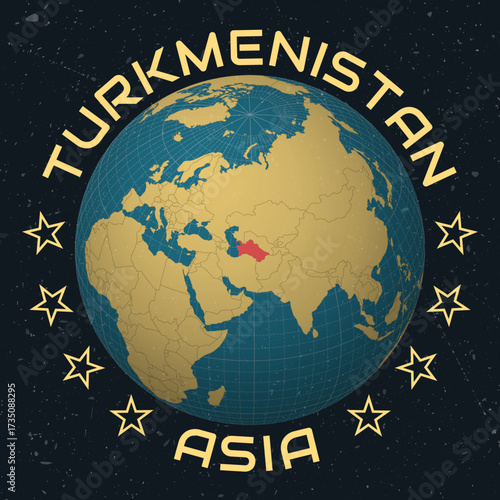 Turkmenistan on Globe. Country name round text. Vintage look with grunge scratched texture. Country view on world map in Sky Blue Light Yellow color palette. Turkmenistan shape on map.