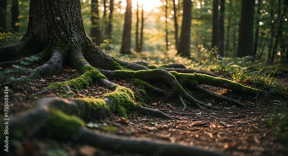 Fototapeta premium Ancient tree roots and sunlight in a lush verdant forest landscape