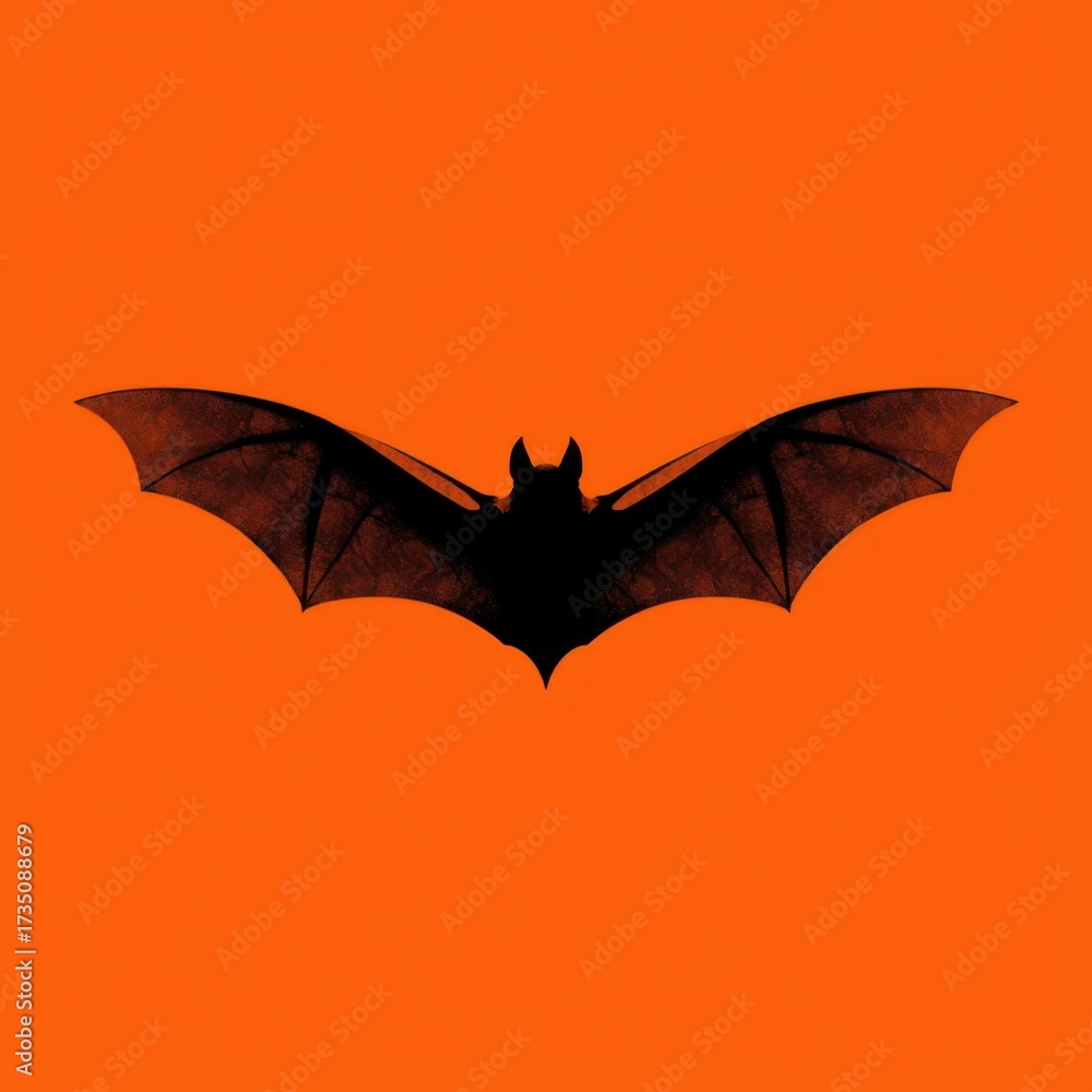 Fototapeta premium Black bat silhouette with spread wings on vivid orange background, minimal spooky Halloween design perfect for posters, banners, greeting cards, party invitations, flyers, and social media templates