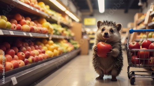 cute little hedgehog with a cart full of apples at the supermarket