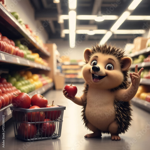 cartoon hedgehog with an apple and a basket full of apples at a grocery store