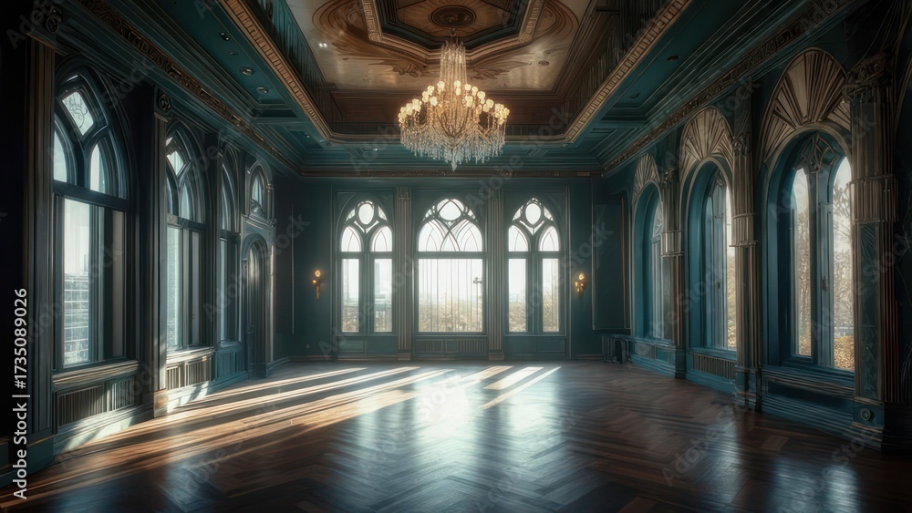 Fototapeta premium Grand Ballroom with Ornate Chandelier and Sunlight Streaming Through Arched Windows.