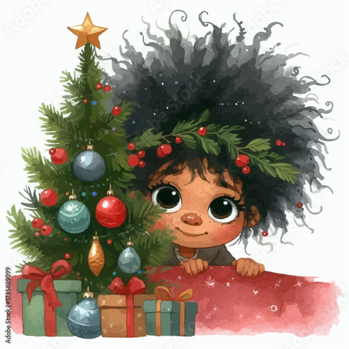 christmas tree and gifts with a little girl 