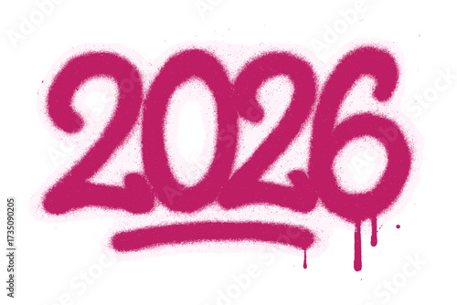 New Year 2026 spray painted graffiti tag. Urban street art stencil font in magenta. Textured aerosol paint with drip effect. Number for celebration isolated on white background vector.