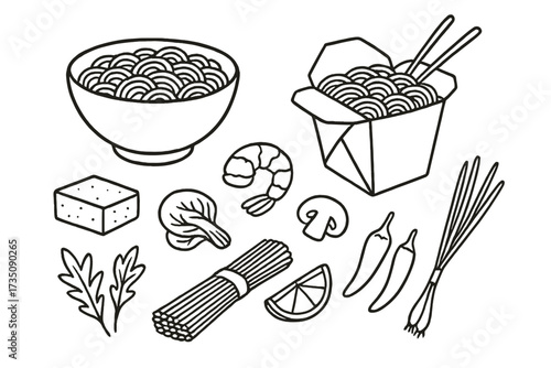 Asian noodles food creator set. Japanese ramen, Chinese wok box ingredients. Vector line art doodle of soba, shrimp, tofu, mushroom for menu, recipe, restaurant design.