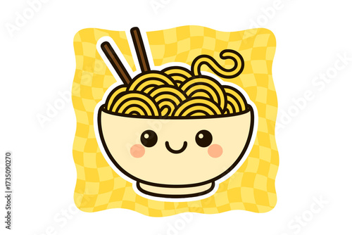 Kawaii noodle bowl character with a cute smiling face. Funny cartoon ramen vector illustration. Asian food concept. Japanese noodle soup icon for kids menu or sticker design.