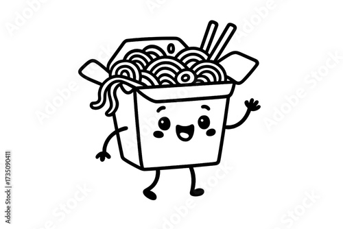 Cute wok noodle box character. Funny Asian food mascot in kawaii cartoon style. Happy ramen takeout container with face, hands, and legs. Hand drawn vector line art icon.