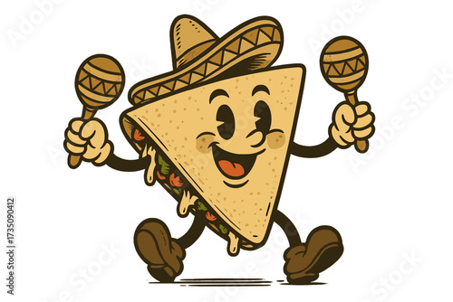Quesadilla mascot in vintage 30s cartoon style. Happy Mexican food character with sombrero and maracas. Funny latin snack for restaurant logo or menu. Vector illustration.