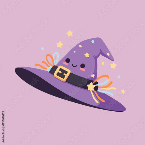 Adorable 2D witch hat with a happy face and rosy cheeks, decorated with stars and ribbons, pastel colors,