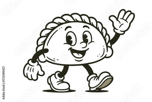 Retro empanada mascot. Cute vintage cartoon character. Latin American food personage. Traditional pie illustration for bakery logo. Mexican food symbol with gloved hands and boots.