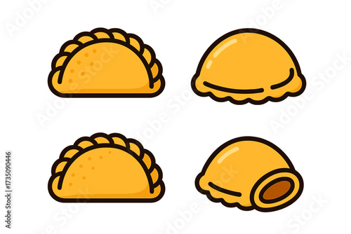 Empanada vector icon set. Latin American food concept. Fried baked pastry, patty, cheburek. Simple flat cartoon illustration for restaurant menu, logo or sticker design.