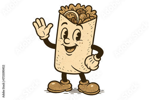 Cute retro toon burrito character waving. Vintage 30s cartoon mascot. Mexican fast food hand drawn vector illustration. Happy groovy classic sticker design isolated on white.
