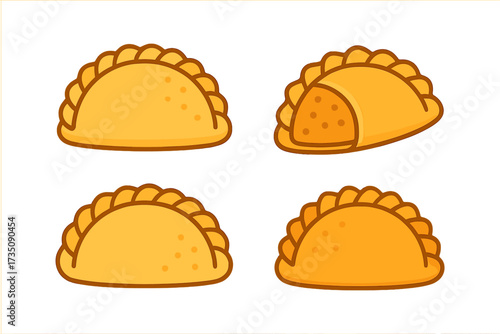 Empanada icons set. Flat simple vector of Spanish fried patty or cheburek. Latin American food pastry concept. Baked snack meal. Cartoon illustration isolated on white background.