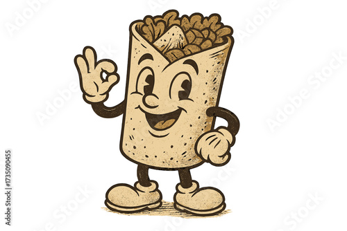 Funny burrito character in retro cartoon style. Vintage Mexican food mascot okay gesture. Hand drawn vector illustration for logo, menu. Isolated on white background classic.