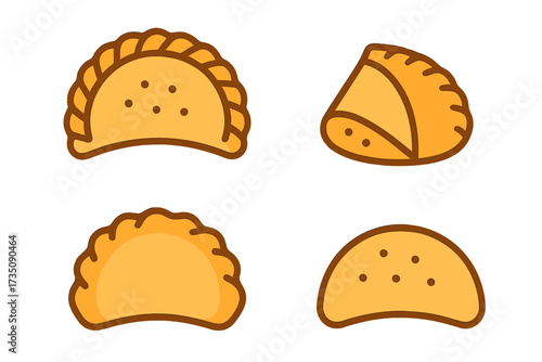 Empanada icons set. Flat vector of Spanish fried patty or cheburek. Traditional Latin American food pastry. Simple cartoon illustration. Isolated elements on white background.