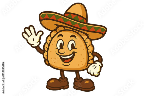Funny empanada character in a sombrero hat. Waving retro mascot for a Mexican restaurant logo. Cute Latin food cartoon for a snack bar menu. Vector illustration isolated.