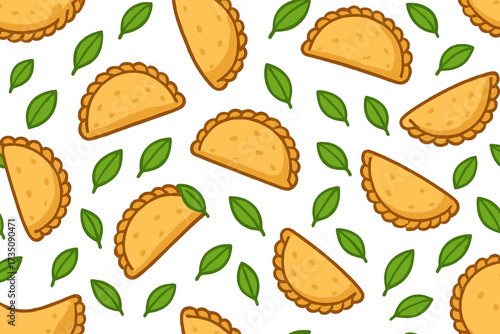 Empanadas seamless pattern. Fried pie background with green leaves. Traditional Latin American and Spanish fast food. Empanada in flat style illustration for cafe menu design.