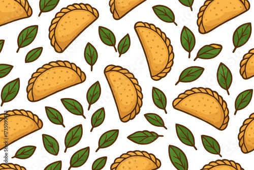 Empanadas seamless pattern. Fried pie background. Traditional Latin American food. Spanish fast food. Empanada illustration for cafe menu. Restaurant textile print. Savory pastry.