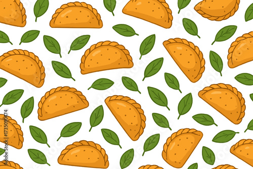Empanada seamless pattern vector background. Traditional Latin American and Spanish fried pie. Savory pastry illustration for Mexican fast food cafe menu or bakery texture design.