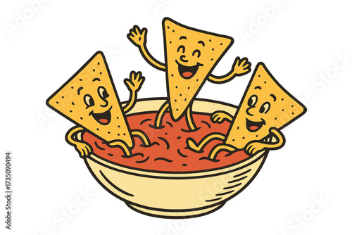 Funny retro nachos characters bathing in a tomato salsa bowl. Mexican food mascot concept. Happy tortilla chips party. Latin snack vector illustration for restaurant menu.