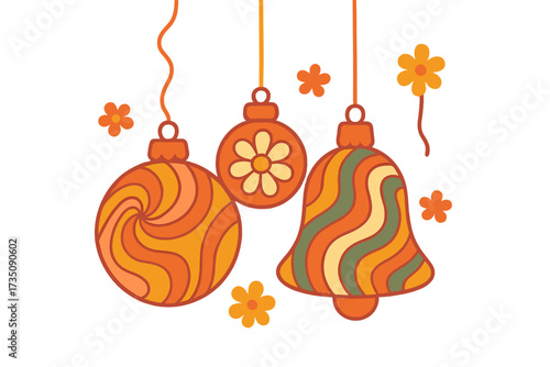Groovy Christmas vibe poster or greeting card concept. Hanging xmas tree balls and bell in trendy retro 60s 70s hippie style. Merry Christmas and Happy New Year party decoration.