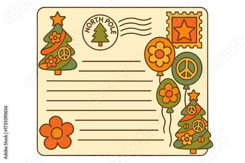 Groovy Christmas letter to Santa template. Retro 70s hippie style postcard with postmark and stamp. Xmas wish list with peace sign, flower power balloons, and holiday tree.