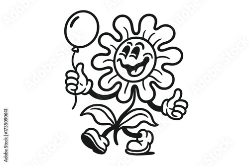Retro cartoon groovy flower character mascot. Vintage 60s 70s hippie daisy with a smiley face holding a balloon. Funny psychedelic sticker print for t-shirt design vector.