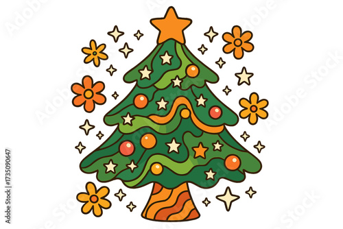 Groovy hippie Christmas tree illustration. Trendy retro 70s holiday greeting card design. Festive Y2K winter celebration graphic with flowers and stars for print or poster.